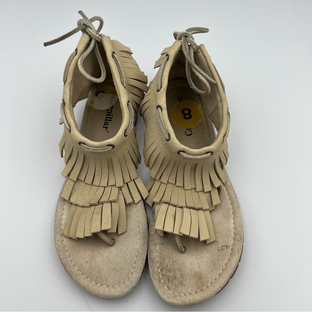 CAT Caterpillar Gladiator Sandals Womens 8 Tan Leather Fringe Zip Up